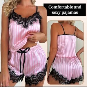 Silky Satin Pink & White striped camisole pajama Lounge set with black lace trim